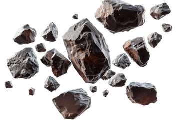 Asteroids swarm of boulders or stone meteorite isolated on transparent png background, flying rock in the space.
