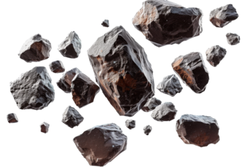 Asteroids swarm of boulders or stone meteorite isolated on transparent png background, flying rock in the space.
