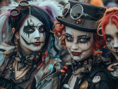 A group of cosplayers at a comic convention dressed in colorful and elaborate costumes, embodying various characters with detailed makeup and accessories.