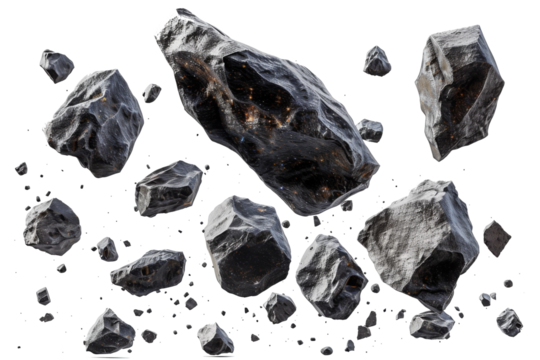 Asteroids swarm of boulders or stone meteorite isolated on transparent png background, flying rock in the space.
 - Powered by Adobe