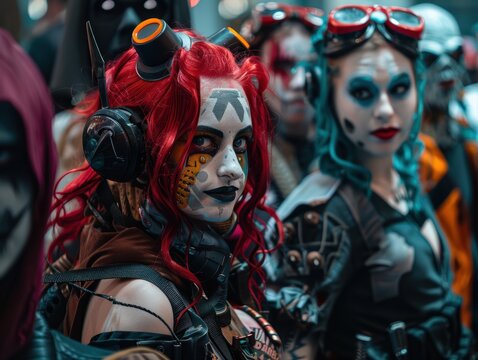 A group of cosplayers at a comic convention dressed in colorful and elaborate costumes, embodying various characters with detailed makeup and accessories.