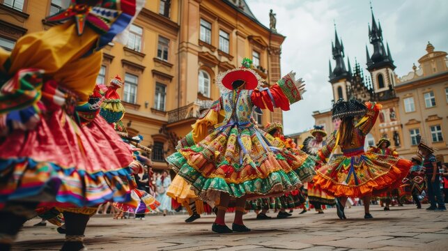 A group of people in vibrant traditional costumes from Latin America performing a lively dance in a historical city square.