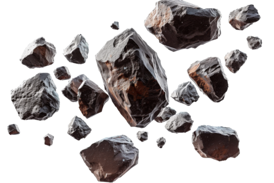 Asteroids swarm of boulders or stone meteorite isolated on transparent png background, flying rock in the space.
