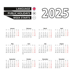 Calendar 2025 in English language, week starts on Monday.