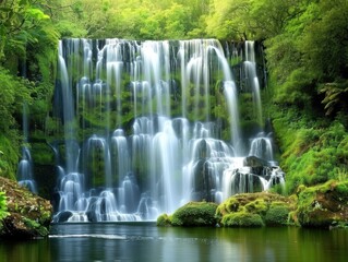 A majestic waterfall cascading over rocks, surrounded by lush greenery and forested cliffs.