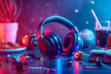 Cyberpunk Headphones LED Lights Modern Snacks High-Tech Audio Setup ,copyspace