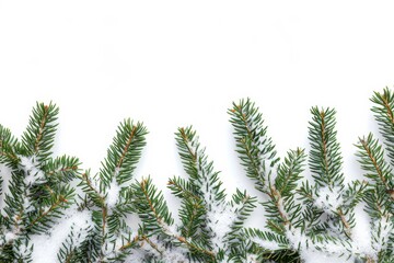 Obraz premium Winter pine branches, coated in snow against a white background, create a festive and serene atmosphere, perfect for the winter season and holiday decorations with a chilly ambiance
