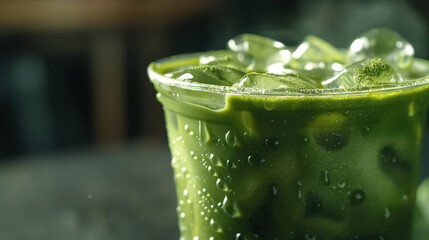 A close-up view of an iced matcha green tea drink, showcasing the lush green hue and the frosty ice