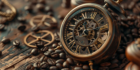 Obraz premium Steampunk Wall Clock Brass Accents Classic Coffee Beans Vintage Decor ,empty space