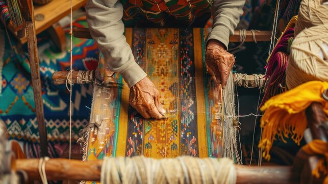 A traditional weaver working on an old-fashioned loom, creating a colorful textile with intricate patterns.