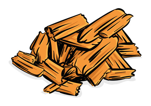 Copeaux de bois dessin&eacute;s &agrave; la main et colori&eacute;s - Dessin style Doodle de morceaux de bois d&eacute;chiquet&eacute;s - Bois broy&eacute; - Illustration vectorielle de bouts de bois d&eacute;coup&eacute;s - Travail du bois - Bois brut 