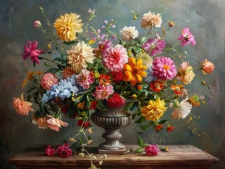 Stil life of fresh flowers in a chic vase, showcasing a vibrant mix of colors and textures.