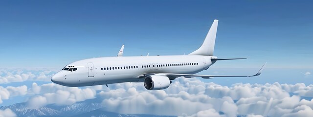 White passenger airplane flying in the blue sky above clouds.