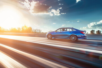 Dynamic Capture of a Blue Sedan Speeding on a Highway with Blurred Motion, Sunlit Trees and Cloudy Sky in the Background