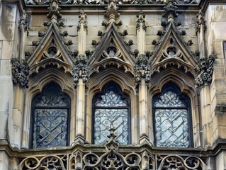 Fototapeta premium Intricate Gothic building facade with detailed architectural elements.