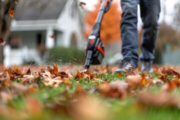 Person Using Leaf Blower on a Fall Day
