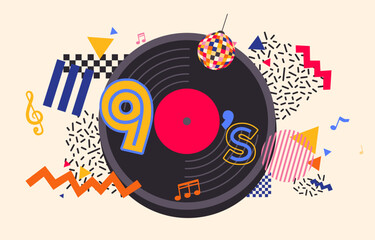 Fototapeta premium 90s Elements with Disco Ball and Vinyl record: Explore a vibrant geometric pattern with retro 90s elements, Vector, Illustration
