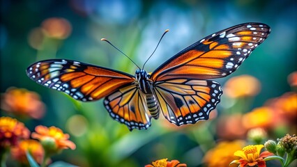 Fototapeta premium Butterfly on a flower close-up, National Geographic style , top view, close-up, cute expression, detailed background, Super macro shot, top view, clearly drawn details, macro shot