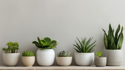 Fototapeta premium Seven Potted Plants on a White Shelf