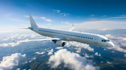 Obraz premium White passenger airplane flying in the blue sky above clouds.