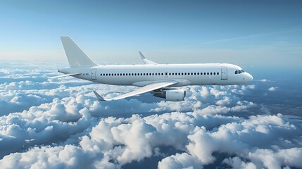 Fototapeta premium White passenger airplane flying in the blue sky above clouds.