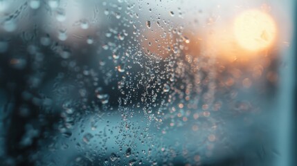 An image highlighting raindrops on a window with a distant, colorful sunset view, blending elements of weather and nature's beauty as the water droplets reflect the light.