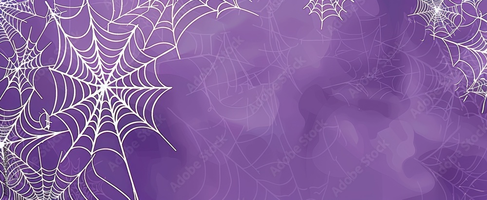 Poster a purple background with white spider webs hanging from the top and bottom corners, creating an atmo