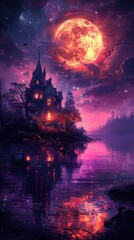 Fototapeta premium Double exposure art of a spooky haunted house silhouette combined with a vibrant pumpkin patch scene, set against a deep purple background.
