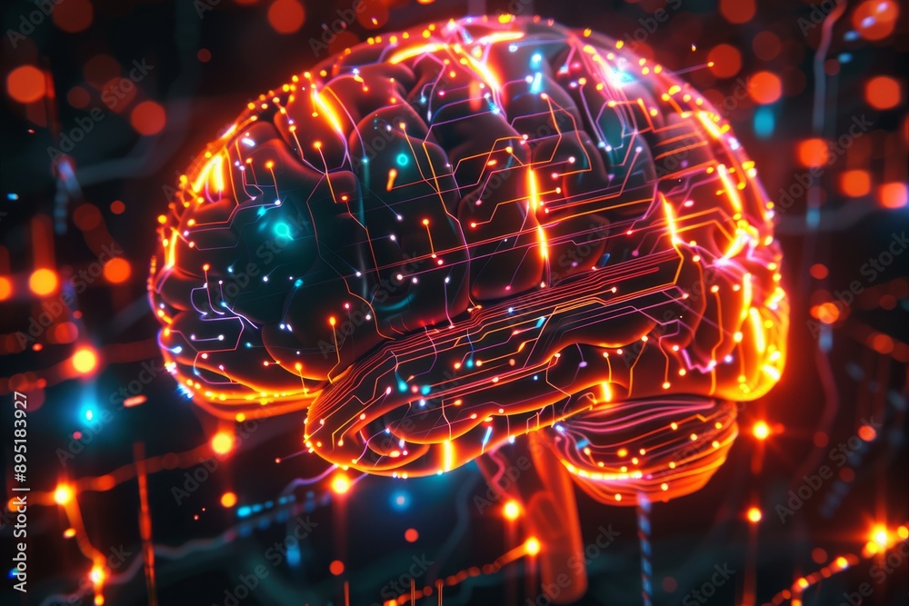 Poster futuristic brain with glowing digital connections representing artificial intelligence and neural ne