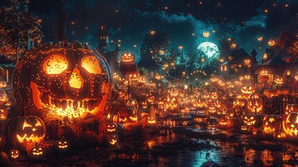 Silhouette of a skeleton, filled with a bustling Halloween market scene featuring pumpkins and costumes, highlighted by a black and orange background.