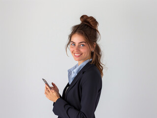 Femme de 30 ans, en costume noir, chignon brun regarde en souriant son smartphone, fond blanc, personnage pour publicité, site web, démo d'application ou de logiciel, tech et IT B2B