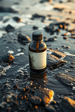 Flacon en verre noir de type s&radic;&copy;rum ou huile essentielle, avec &radic;&copy;tiquette blanche vierge, sur un fond de rivi&radic;&reg;re cahoteux, mockup et cr&radic;&copy;ation graphique pour publicit&radic;&copy; pour cosm&radic;&copy;tique, brut