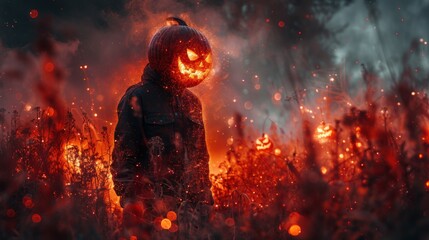 Double exposure of a pumpkin head silhouette combined with a spooky Halloween night scene, featuring glowing jack-o'-lanterns, set against a deep red backdrop.