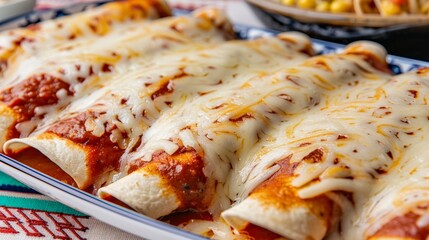 Delicious enchiladas topped with melted cheese and enchilada sauce, perfect for a festive meal or family gathering.