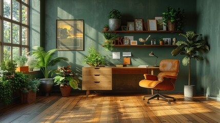 Home Office with Green Walls and Natural Light