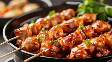 Delicious grilled skewers with a savory glaze, garnished with fresh herbs, perfect for a barbecue or gourmet meal.
