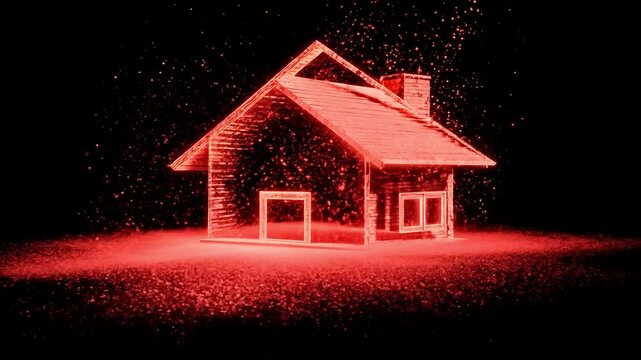 Red Glowing 3D House Model Made of Light Particles on Black Background -  digital, abstract, home, bright, particle, technology
