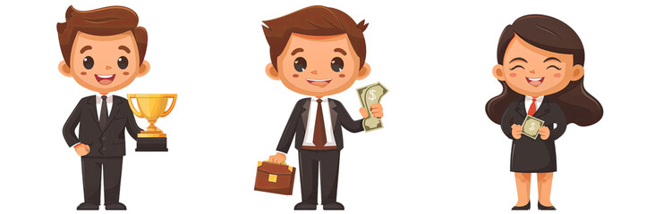 Obraz premium Diverse Business Cartoons: Man with Cash Briefcase, Woman with Success Trophy, Man with Dollar Sign Flat Style Characters