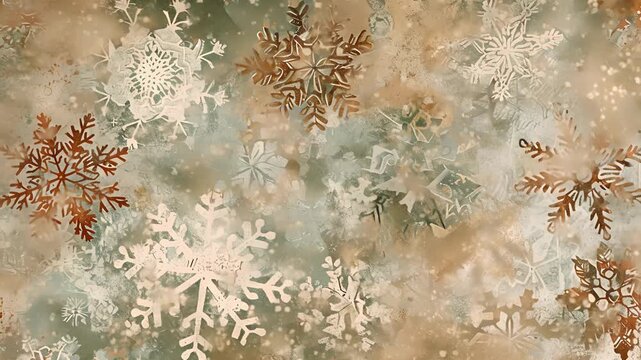 A rustic snowflake pattern resembling handdrawn illustrations with natural textures and muted hues of brown and green.