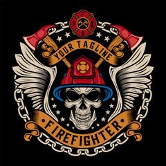 Obraz premium firefighter logo. skull element wearing a helmet on the head with crossed axs, firefighter vector design