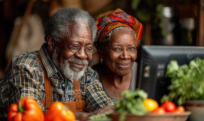 Happy Senior African American Couple Using Computer in Home Kitchen Surrounded by Fresh Vegetables, Daytime, Relaxed, Enjoying Technology, Healthy Lifestyle, Family Bonding, Colorful Setting