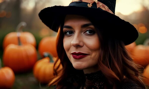 A beautiful young woman with long brown-red hair, wearing dark lipstick and a classic witch's hat (mov, fictional person)