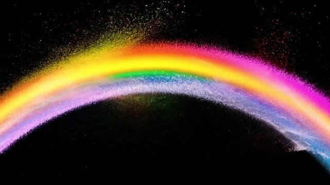 Particle explosion of colorful powder forming a rainbow against a black background, capturing the vibrant and energetic burst.
