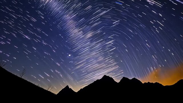 Time Laps of star trails over a mountain silhouette, capturing the motion of the stars and the beauty of the night sky.
