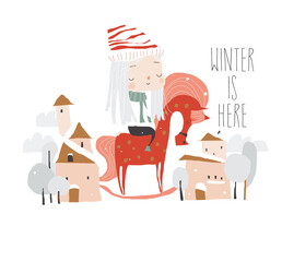 Cute Cartoon Winter Girl ride on Wooden Horse in Snowy Town. Vector Illustration