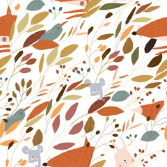 Vector Seamless Pattern with Animals in Autumn Colorful Plants