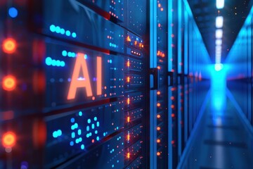 Fototapeta premium AI servers in data center on blurry dark background