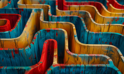 Obraz premium High Angle Colorful Wooden Maze with Vibrant Blue, Red, and Yellow Paths, Abstract Art, Creative Design Concept, Search and Navigation, Fun and Intriguing Pattern, Daytime Exploration