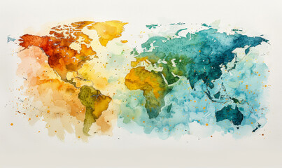 Colorful Watercolor World Map Illustration on White Background Depicting Continents in Vibrant Hues, Modern Art, Geography Educational Resource, Travel Inspiration, Home Decor