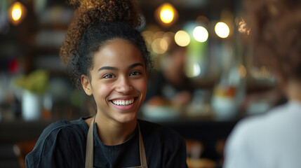 Naklejka premium smiling waitress at cafe , smiling female waitress serving at restaurant